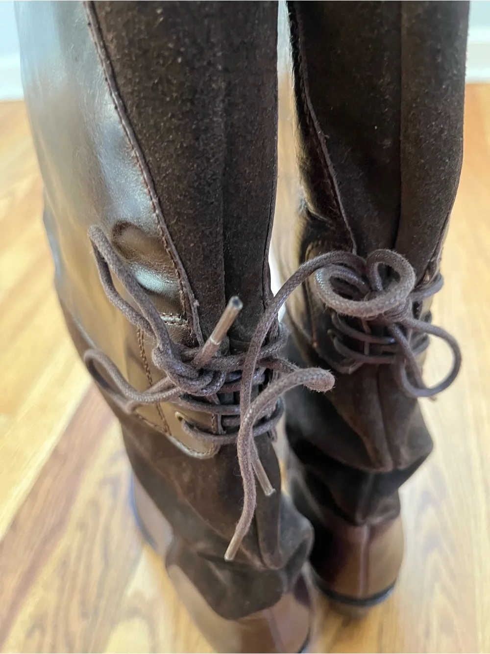 Y2K Felmini Brown Leather Suede Slouch Boots Lace Back Pointy Toe US 6.5 or 7